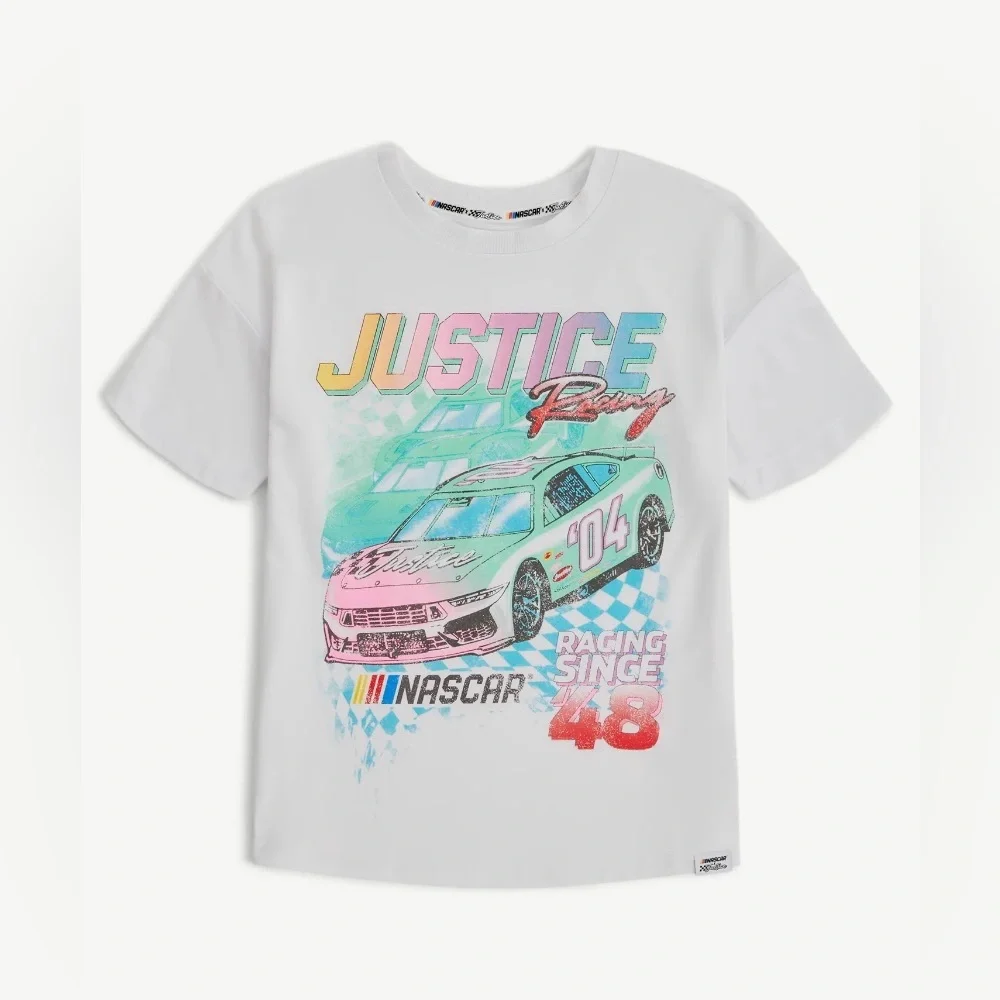 Justice x‎ NASCAR Girls Oversized Graphic Tee Racing Since 48 White Sz S 7/8 NWT